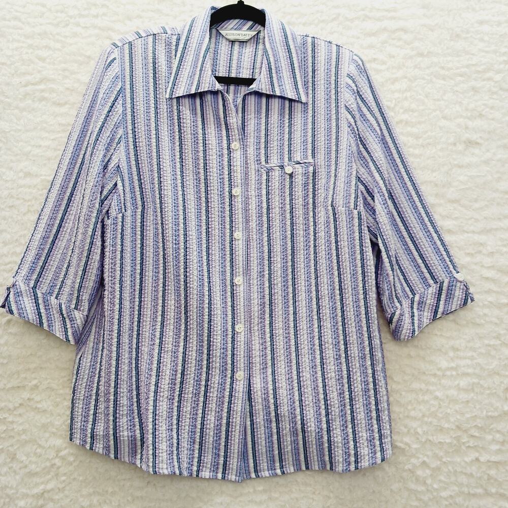 Blouse Button-Up Seersucker Purple Stripe Business Casual Officewear Size 14